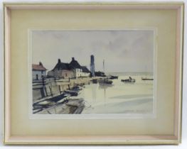 Roland Hilder (1905-1993), Watercolour, Creek - Calm Morning, A harbour scene with moored boats.