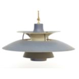 A vintage retro midcentury pendant ceiling light, the removable shade with grey finish and white