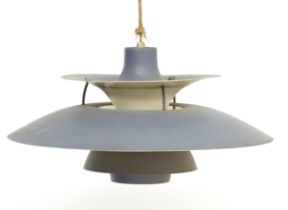 A vintage retro midcentury pendant ceiling light, the removable shade with grey finish and white