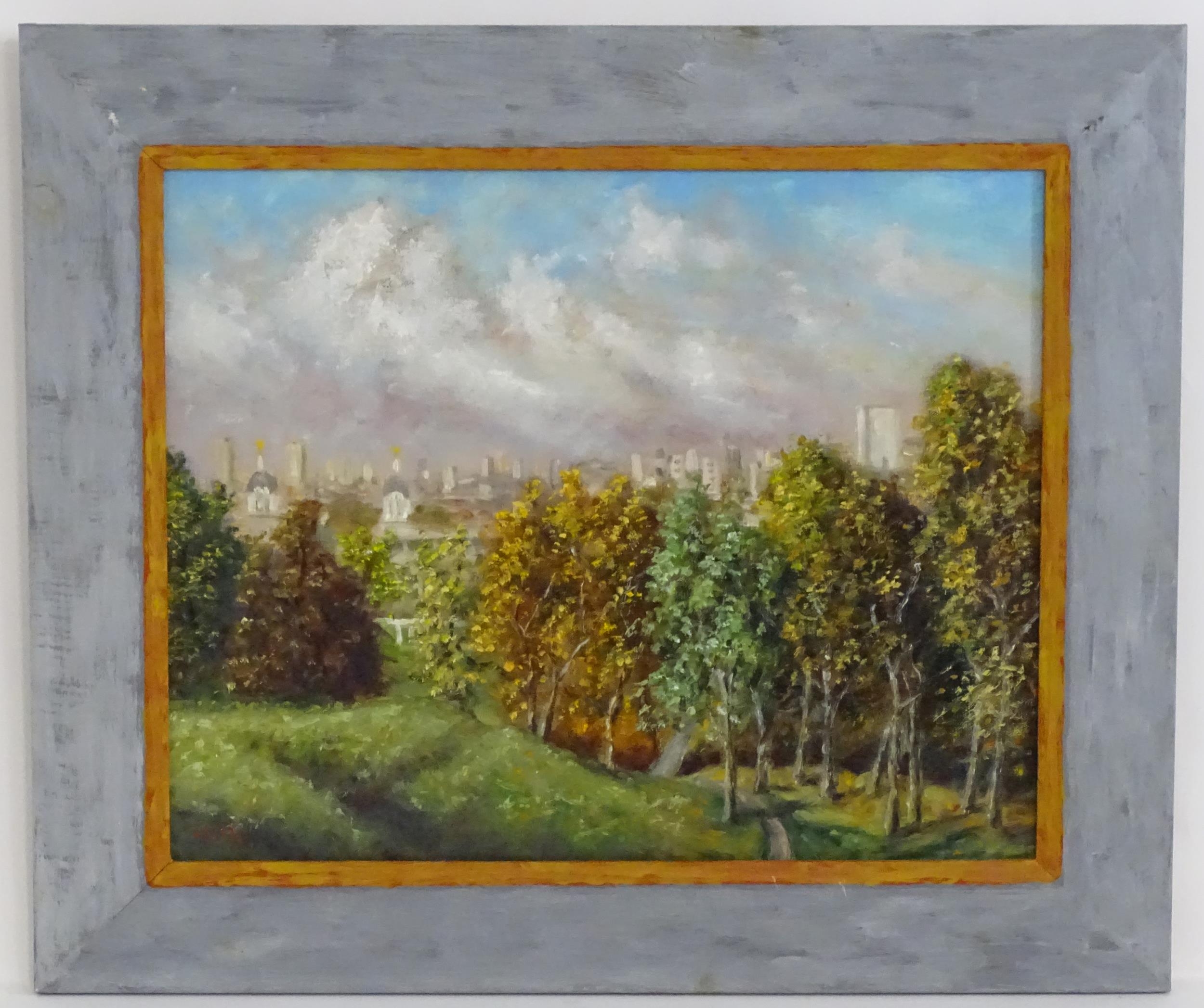 Stephen McKenna (1939-2017), Oil on canvas, A park landscape with city skyline beyond. Signed S