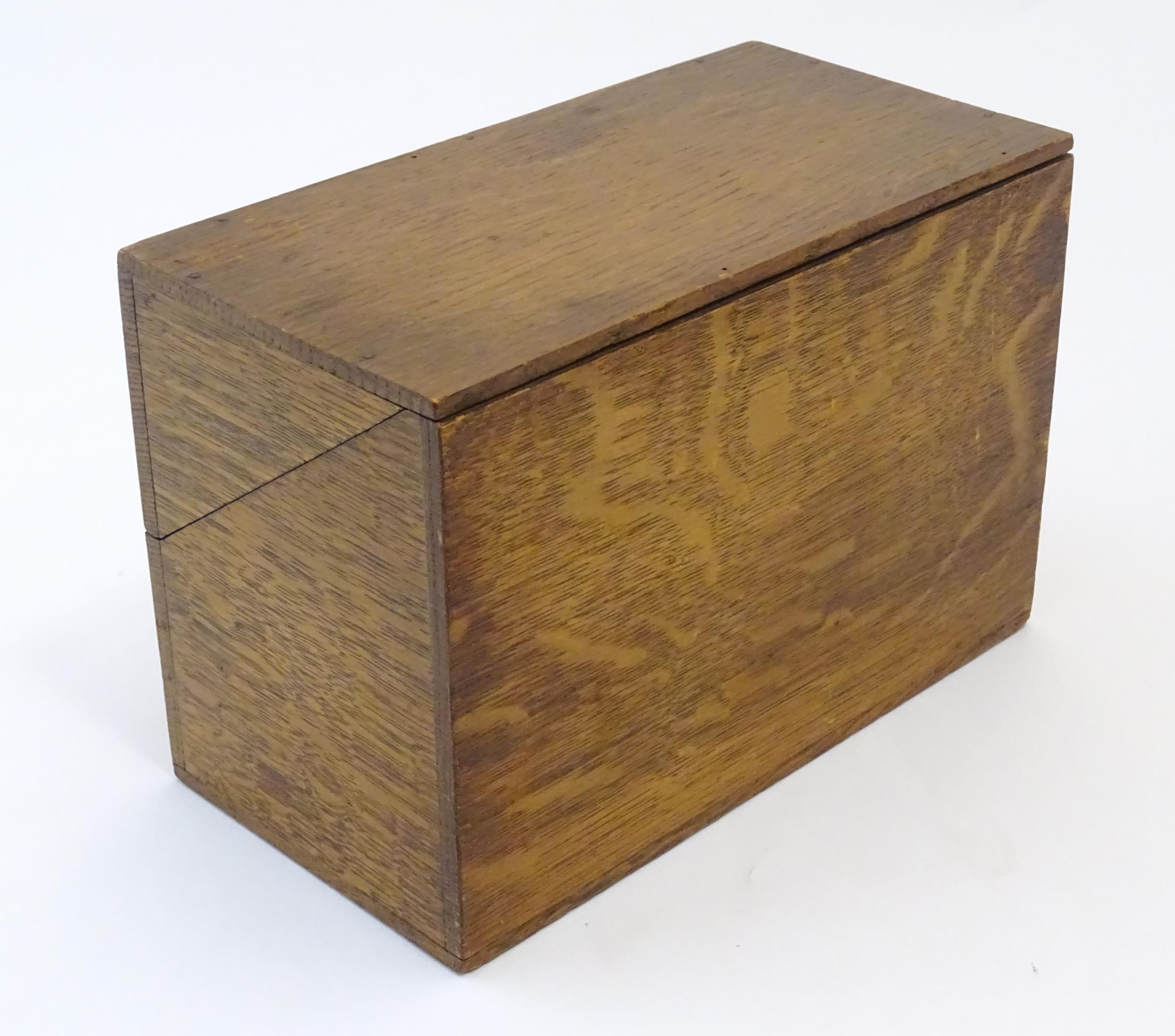 A 20thC oak correspondence / address box. Approx. 6" high x 8 3/4" wide x 4 1/2" deep Please - Image 7 of 16