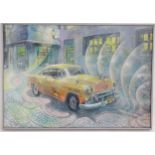 Caio Locke (b. 1980), Acrylic on canvas, A Cuban street scene with a yellow Chevrolet Bel Air with