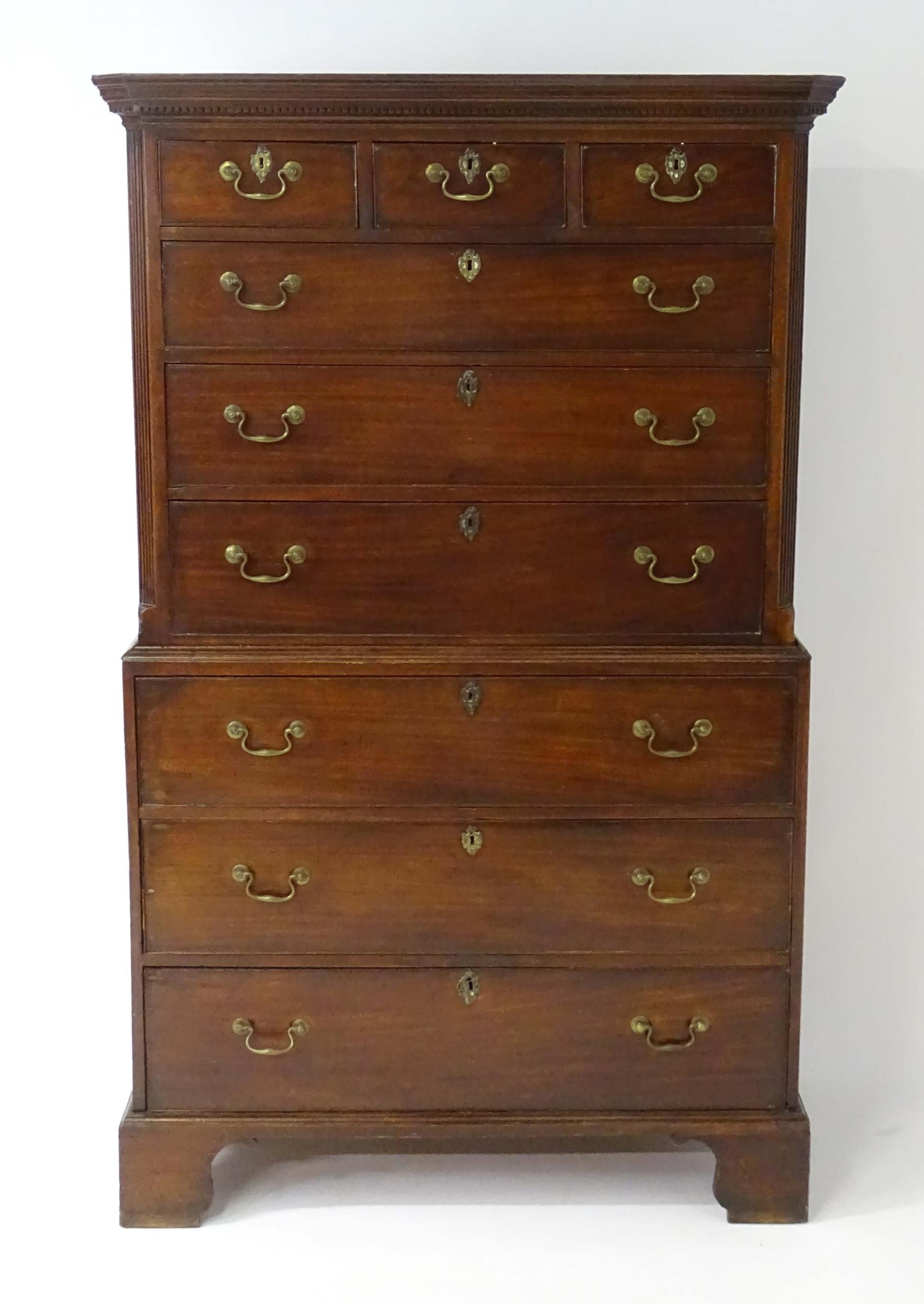 A mid / late 18thC mahogany chest on chest with moulded cornice above a dentil carved frieze, having - Image 3 of 14