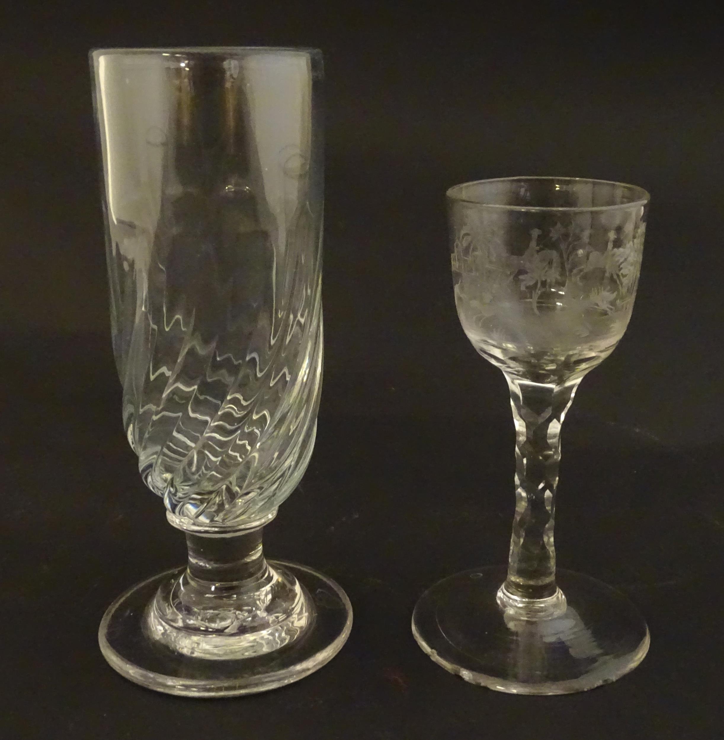 two 19thC glass drinking glasses one with etched hunting scenes. The tallest 6 1/2" high (2) - Image 2 of 10