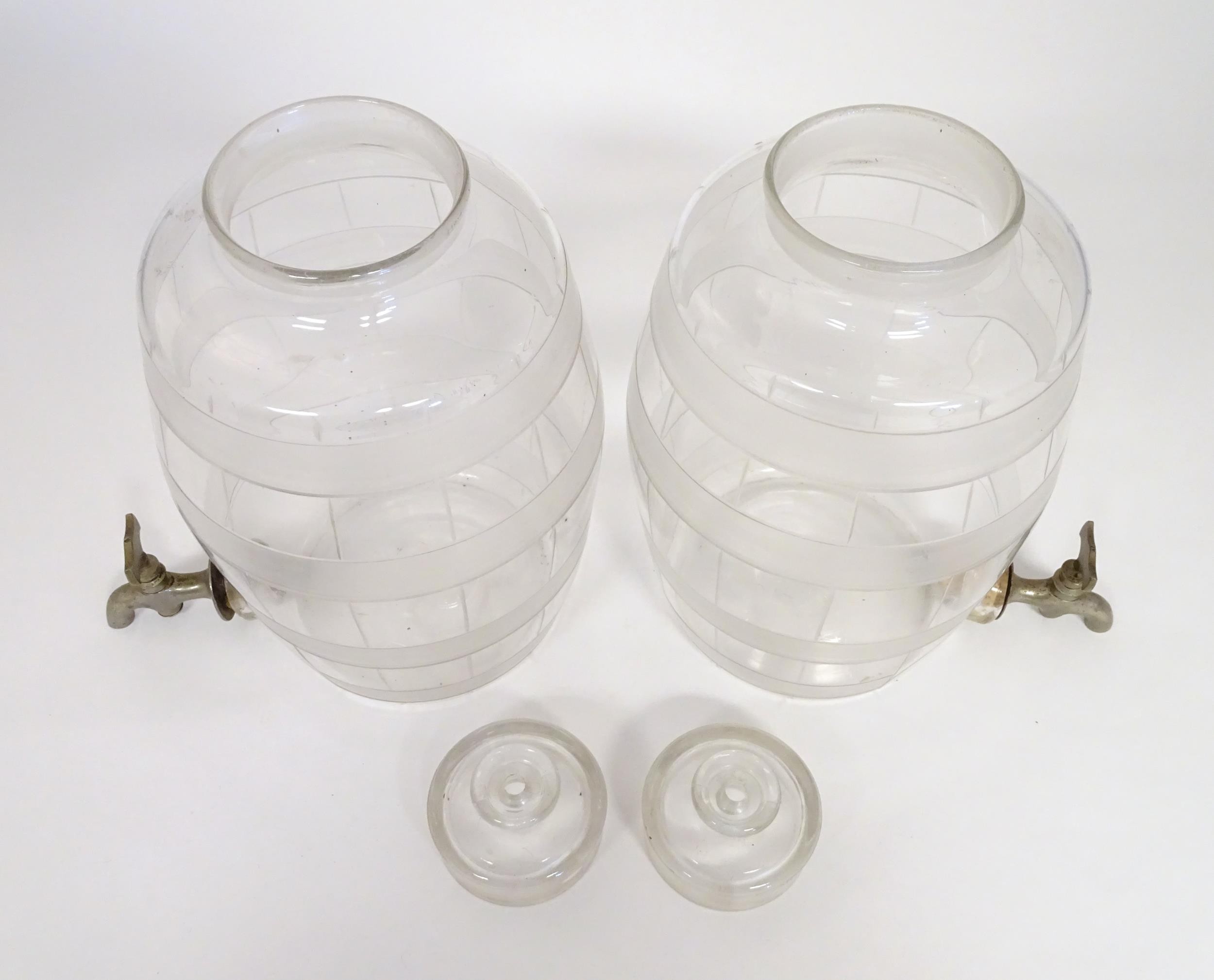 Two Victorian glass spirit / rum barrels with etched decoration and with silver plated taps. - Image 16 of 18