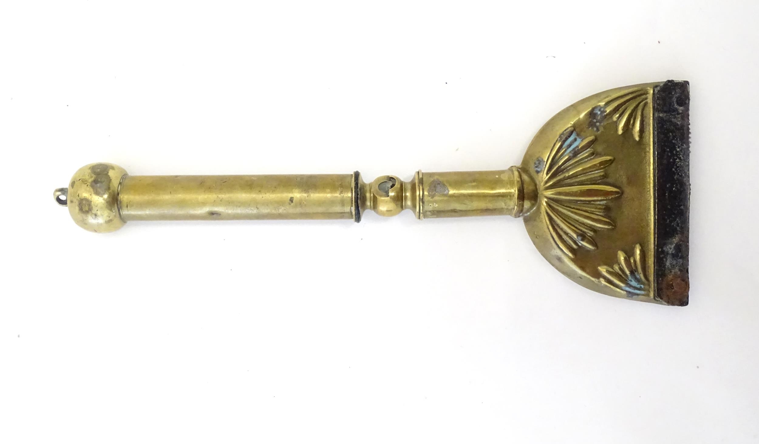 A 19thC brass horse hair singer / singeing lamp with embossed shell detail. Approx. 13 3/4" long - Image 6 of 6