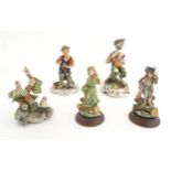 Five Italian Capodimonte figures to include a cobbler, a seated tramp figure with a bottle, two