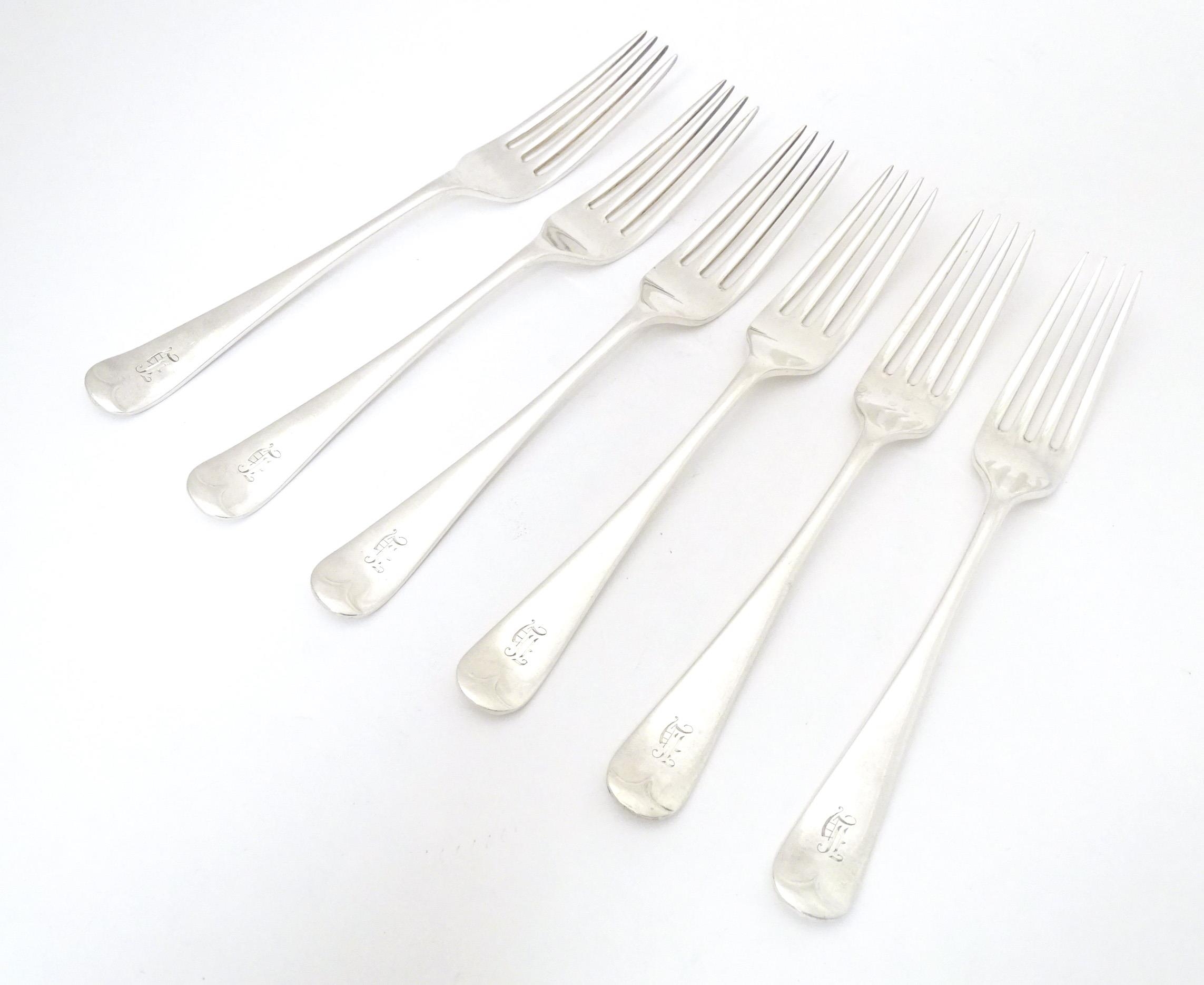 A set of six silver forks hallmarked London 1936, maker Kemp Brothers. Approx. 7 1/2" long (6)