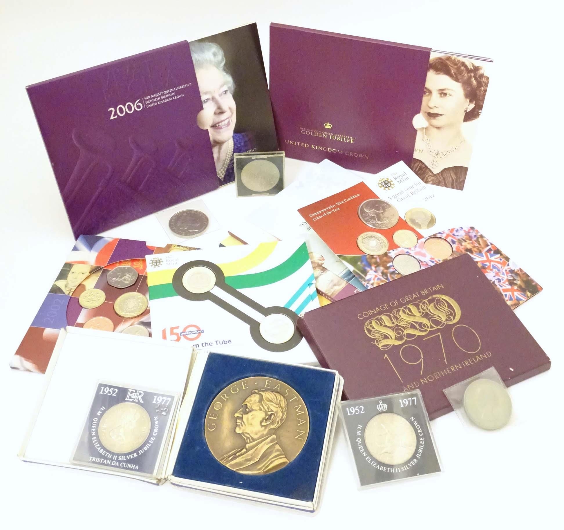 Coins: A quantity of proof coin sets to include 1977 silver jubilee crowns, one labelled Tristan