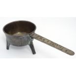 An early 19thC bronze skillet, the handle marked 'Wasbrough' (of Bristol, act. 1793-1826.) 15"