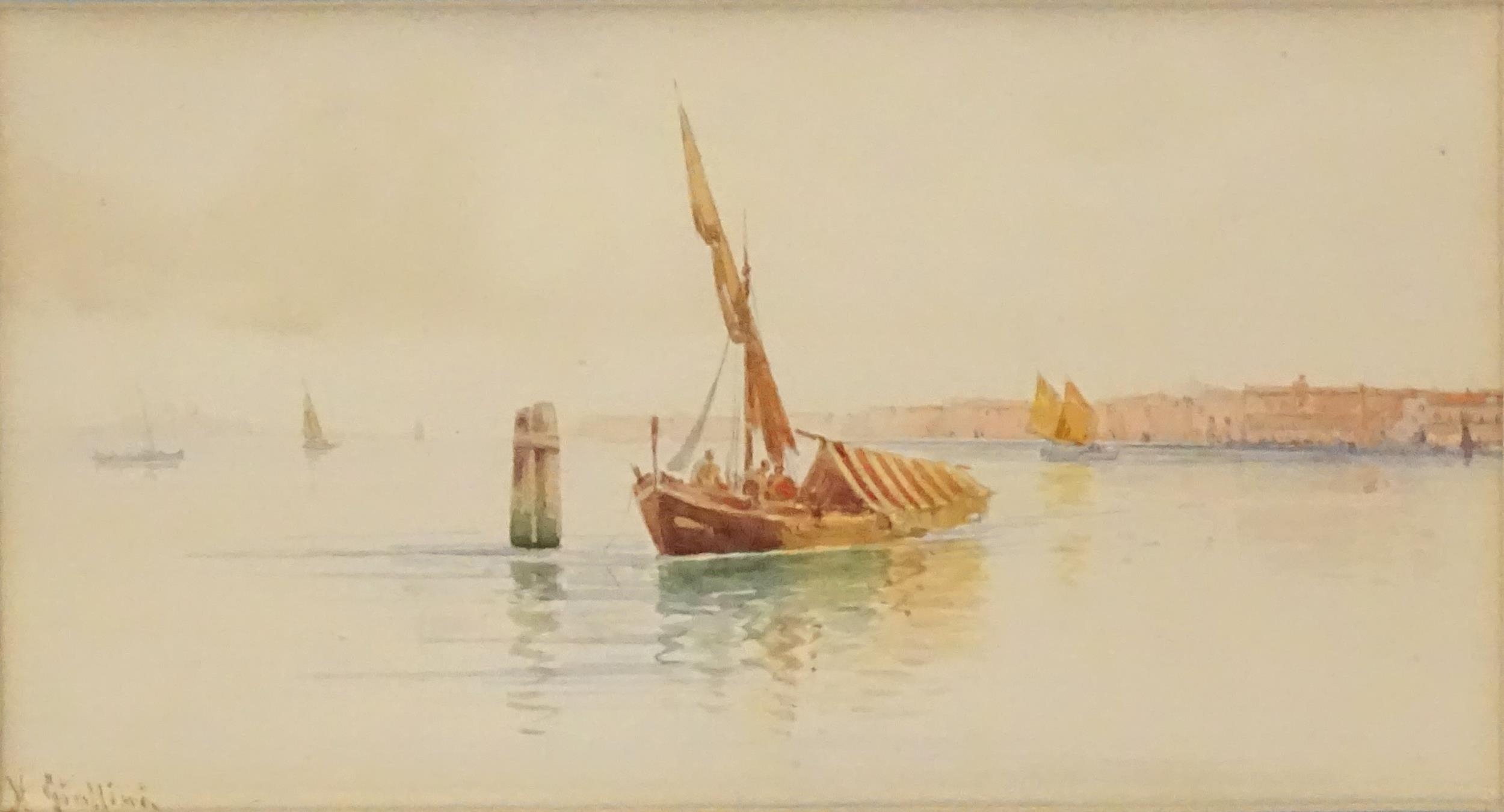 A. Giallina, Early 20th century, Watercolour, A Mediterranean view with fishing boats and figures, - Image 3 of 4