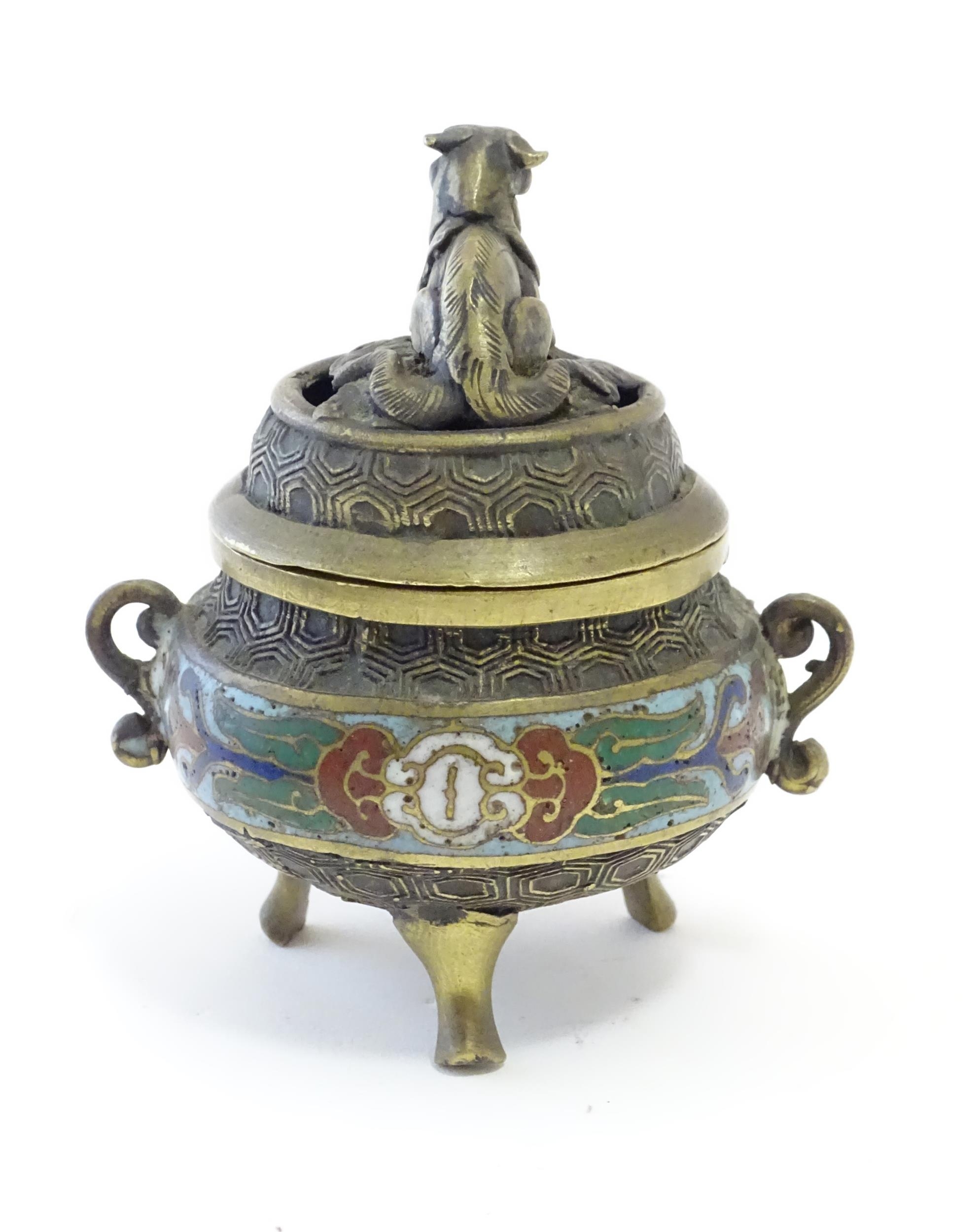 A Chinese cast brass three footed lidded censer, the body with twin handles and banded enamel - Image 4 of 8