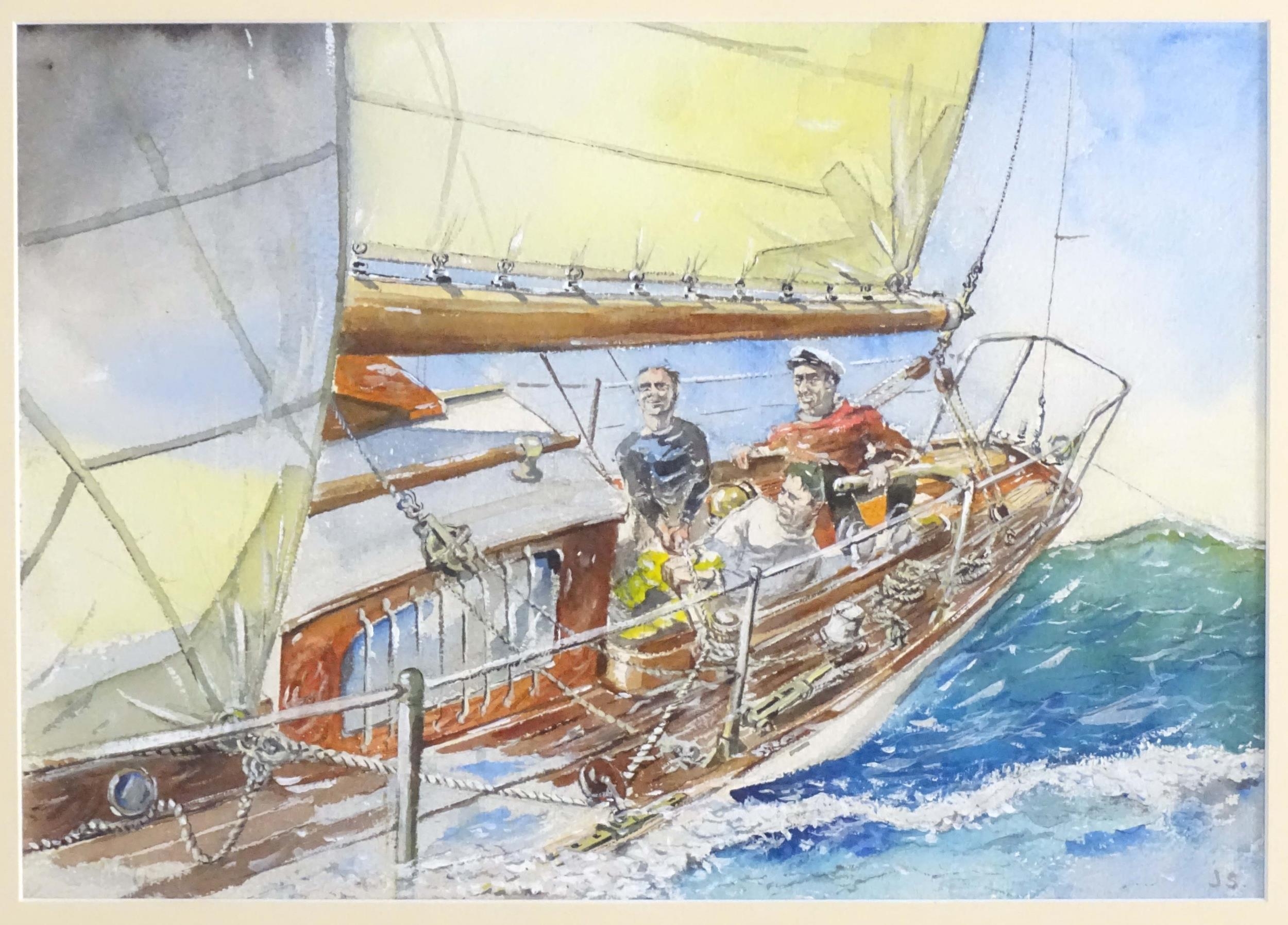 J. S., 20th century, English School, Watercolours, A pair, A sailing boat at sea with figures. - Image 4 of 6