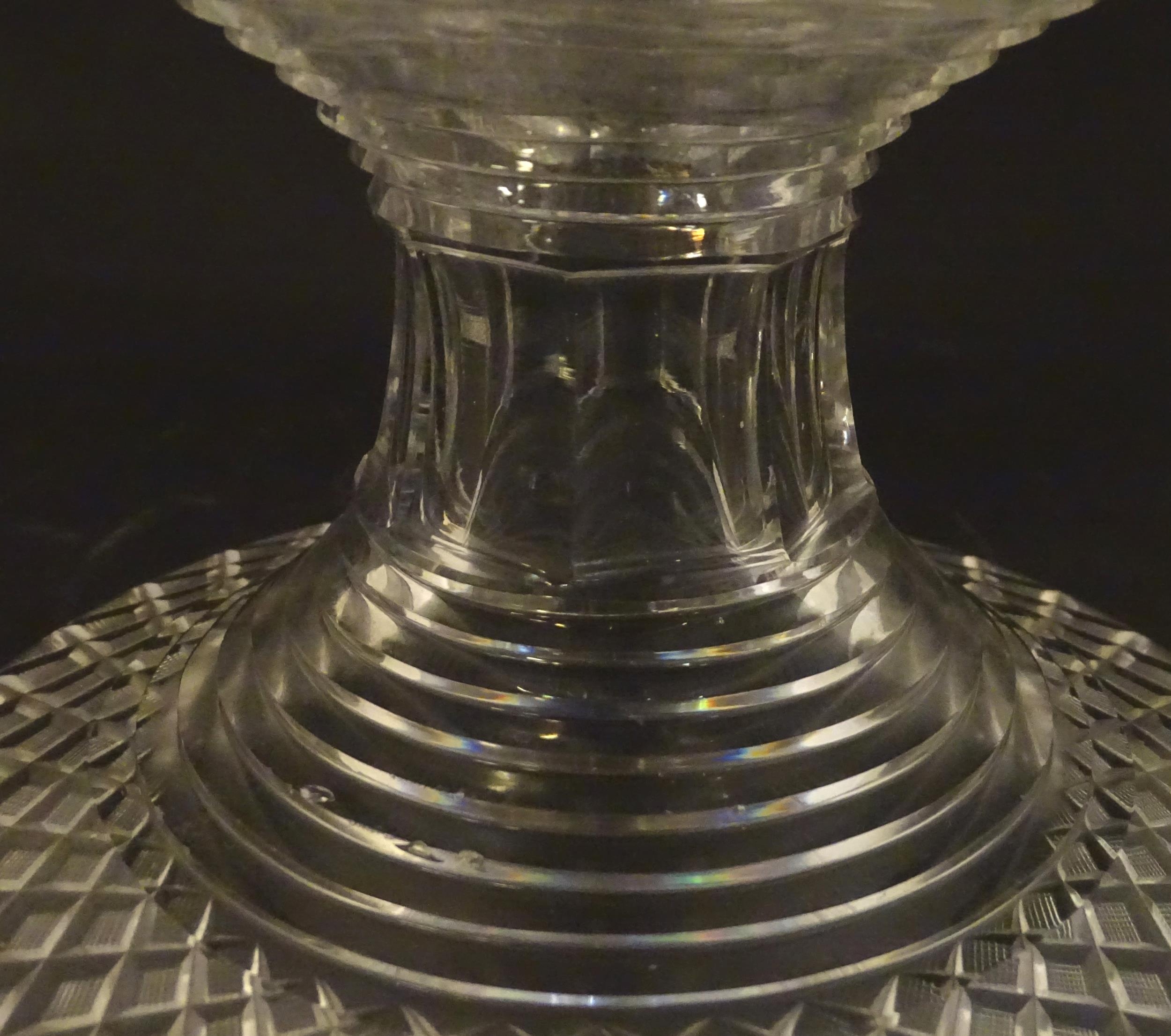 A 19thC cut glass pineapple stand with wide flared foot cut with a hobnail band rising to a - Image 4 of 6