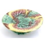 A Victorian majolica Begonia leaf tazza. Approx. 2 1/4" high x 9 1/2" diameter Please Note - we do