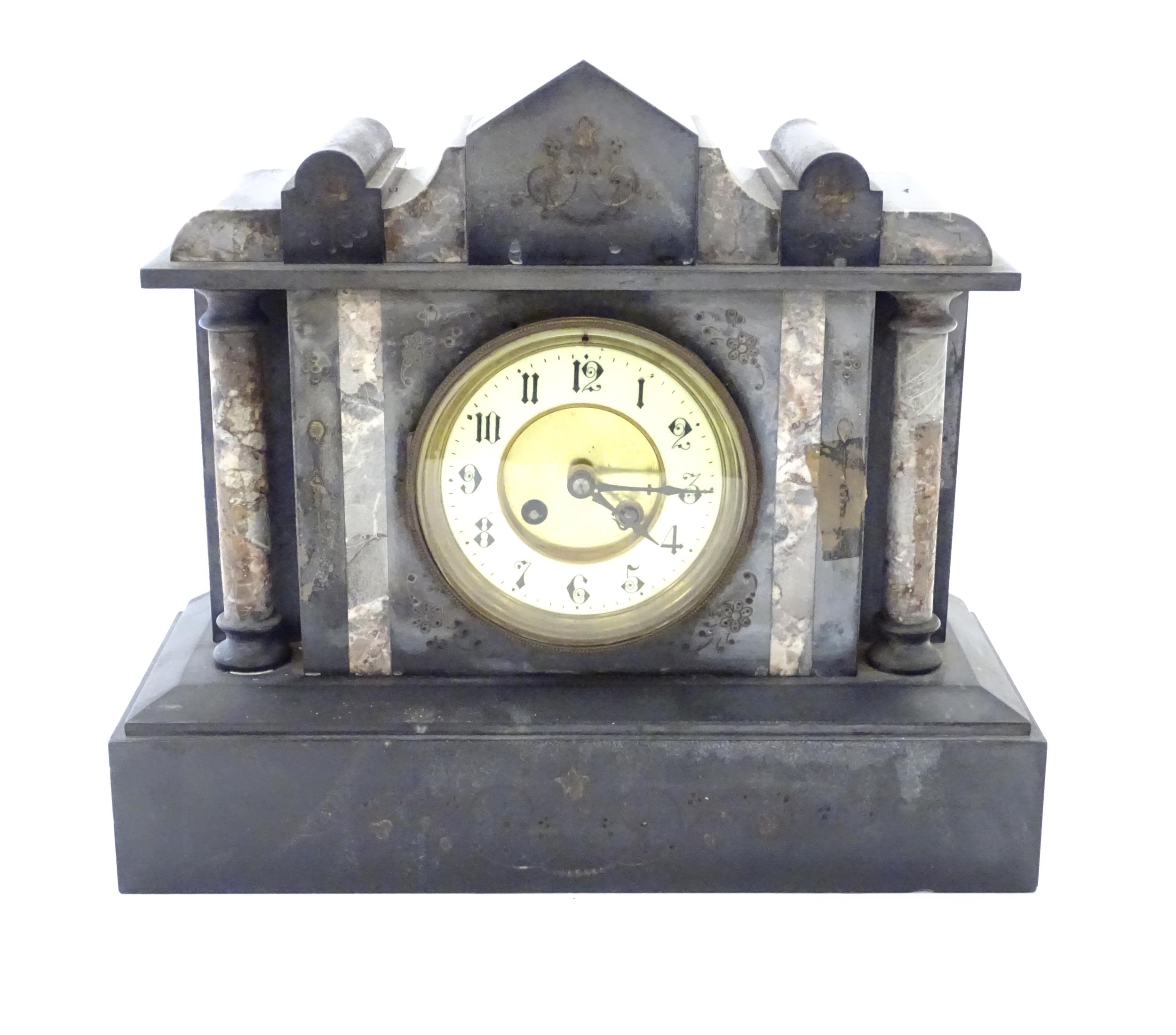 A Victorian slate and marble cased mantel clock with 8-day movement by Japy Freres. Approx 12 1/"2 - Image 2 of 9