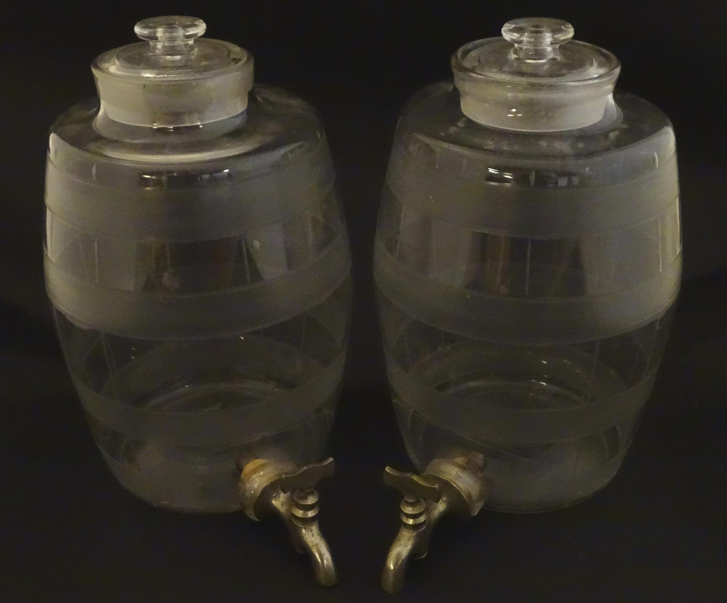 Two Victorian glass spirit / rum barrels with etched decoration and with silver plated taps. - Image 2 of 18