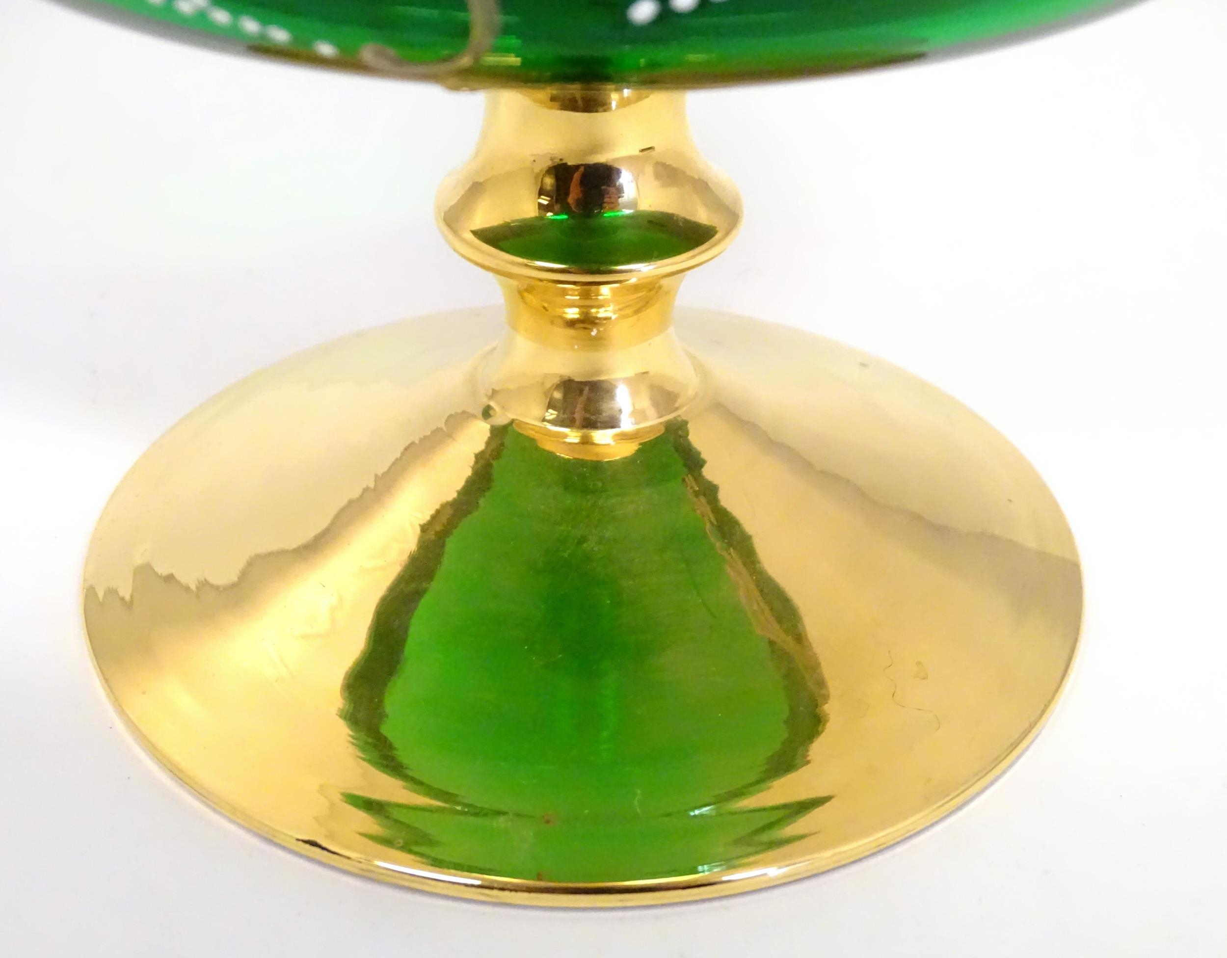 A Bohemian green glass pedestal bowl with gilt and enamel floral detail. Approx. 7" high x 7 1/2" - Image 8 of 8