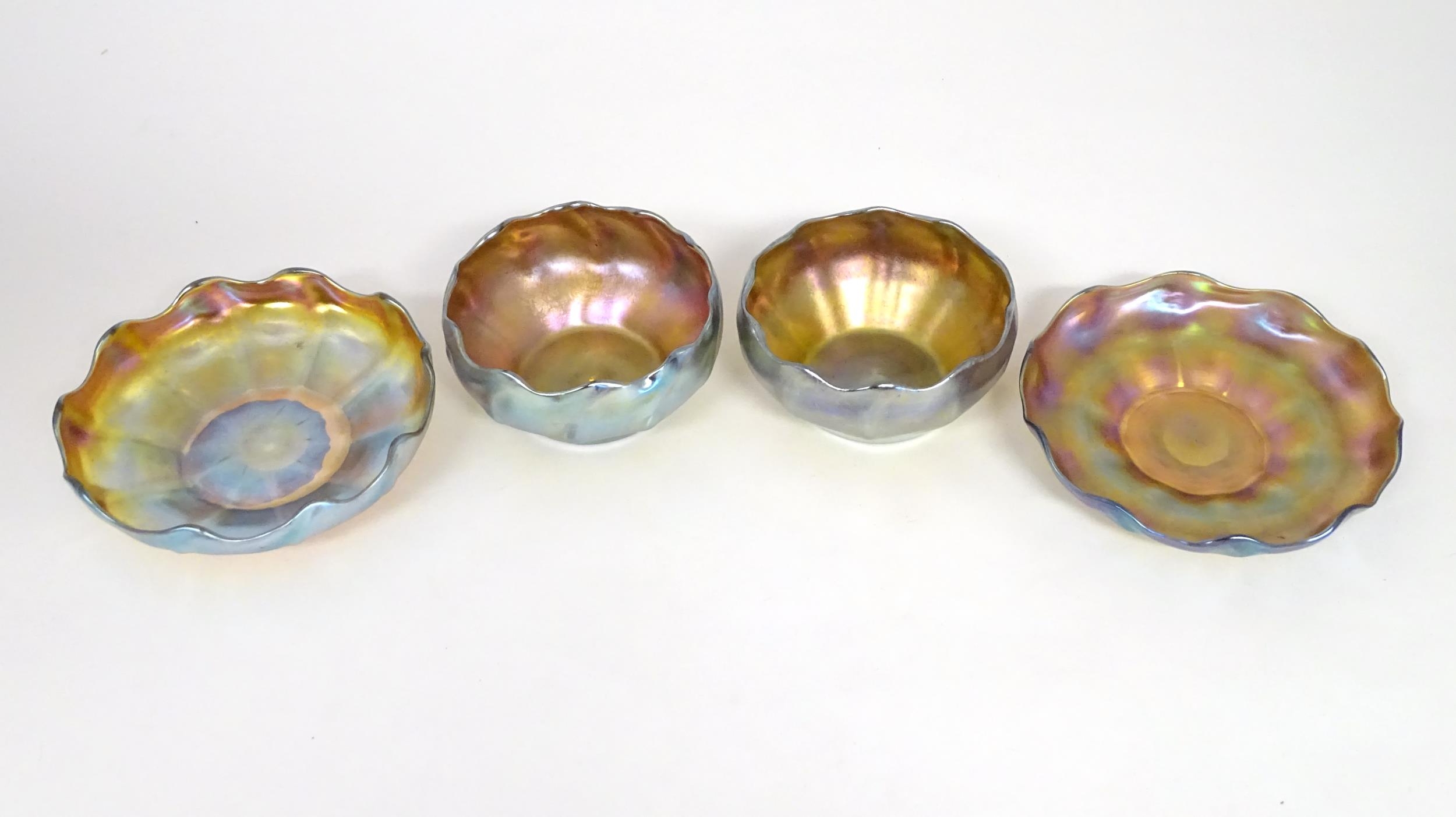 Tiffany Glass : Two Louis Comfort Tiffany Favrile glass finger bowls and stands. Signed under 'L.C.T - Image 7 of 9