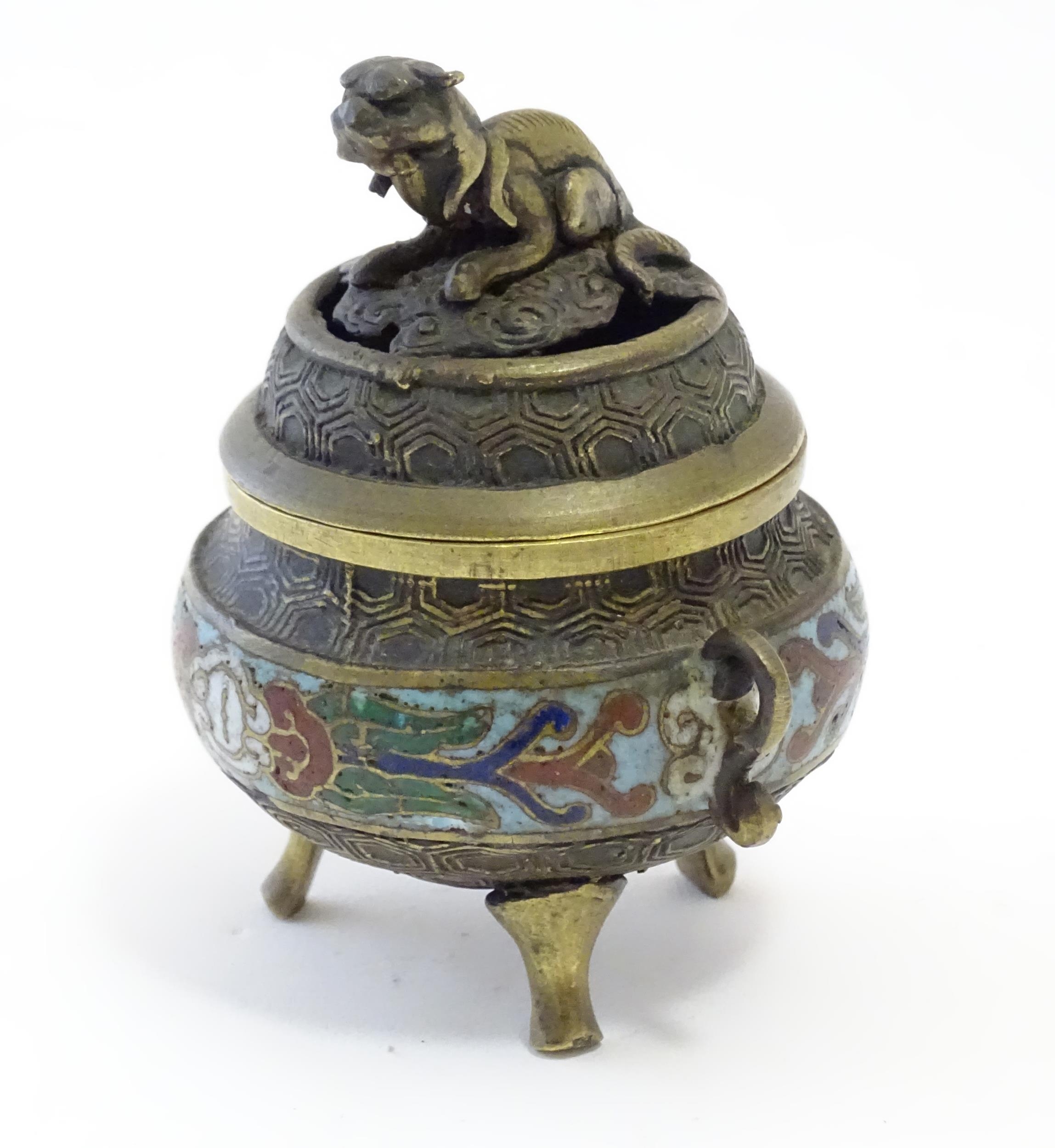 A Chinese cast brass three footed lidded censer, the body with twin handles and banded enamel - Image 3 of 8