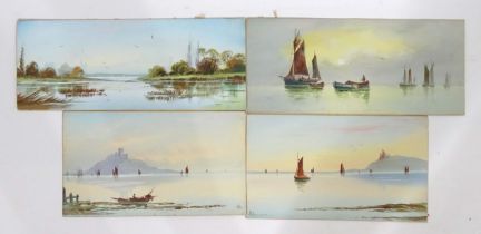 English School, 20th century, Watercolours, Two views of St Michael's Mount, Cornwall with sailing
