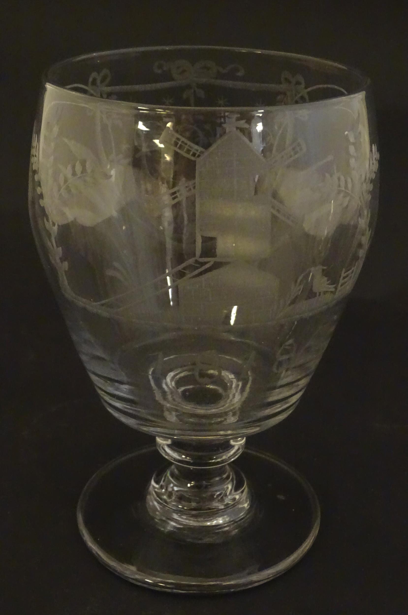 A 19thC glass rummer with engraved decoration depicting windmill and barley detail, with monogram - Image 3 of 9