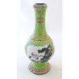 A Chinese / Cantonese copper vase with famille verte enamel detail. The body with panelled landscape