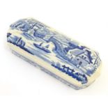 A Victorian blue and white toilet box with transfer decoration depicting the River Thames at Nuneham