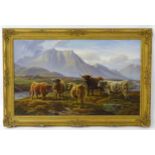 Charles Jones (1836-1892), Oil on board, Highland cattle in a Scottish landscape with mountains