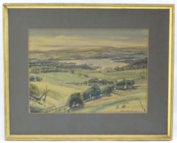 Geoff Wilson, 20th century, Watercolour, An English country landscape with a patchwork of fields.