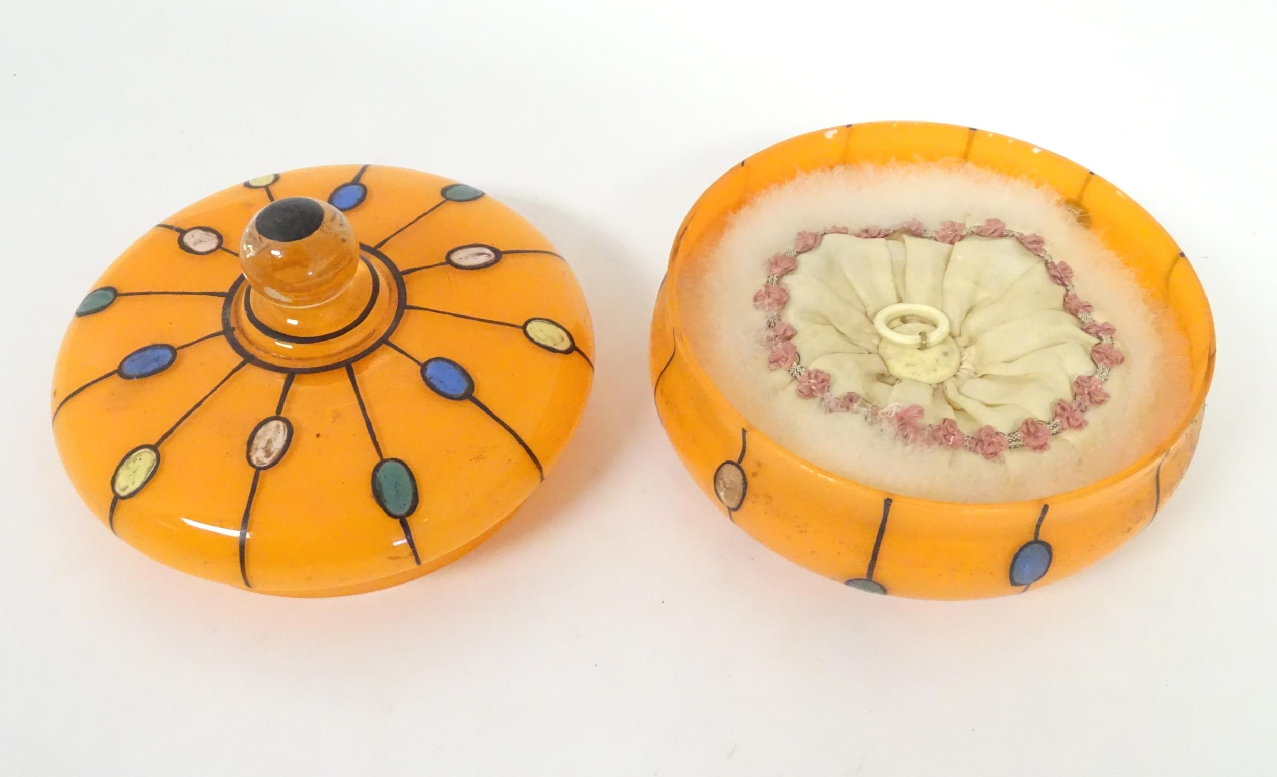 A Continental retro glass powder bowl with orange body and cover and painted detail, inspired by the - Image 9 of 14