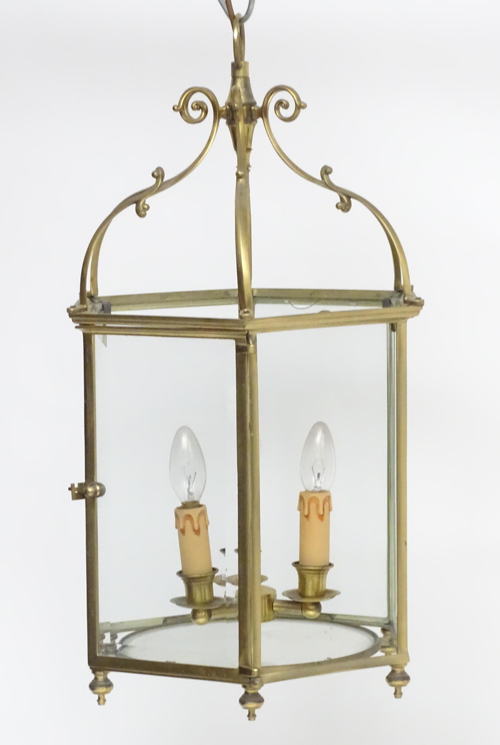 A 20thC pendant lantern ceiling light, the brass octagonal frame with bevelled glass panes, the - Image 3 of 7