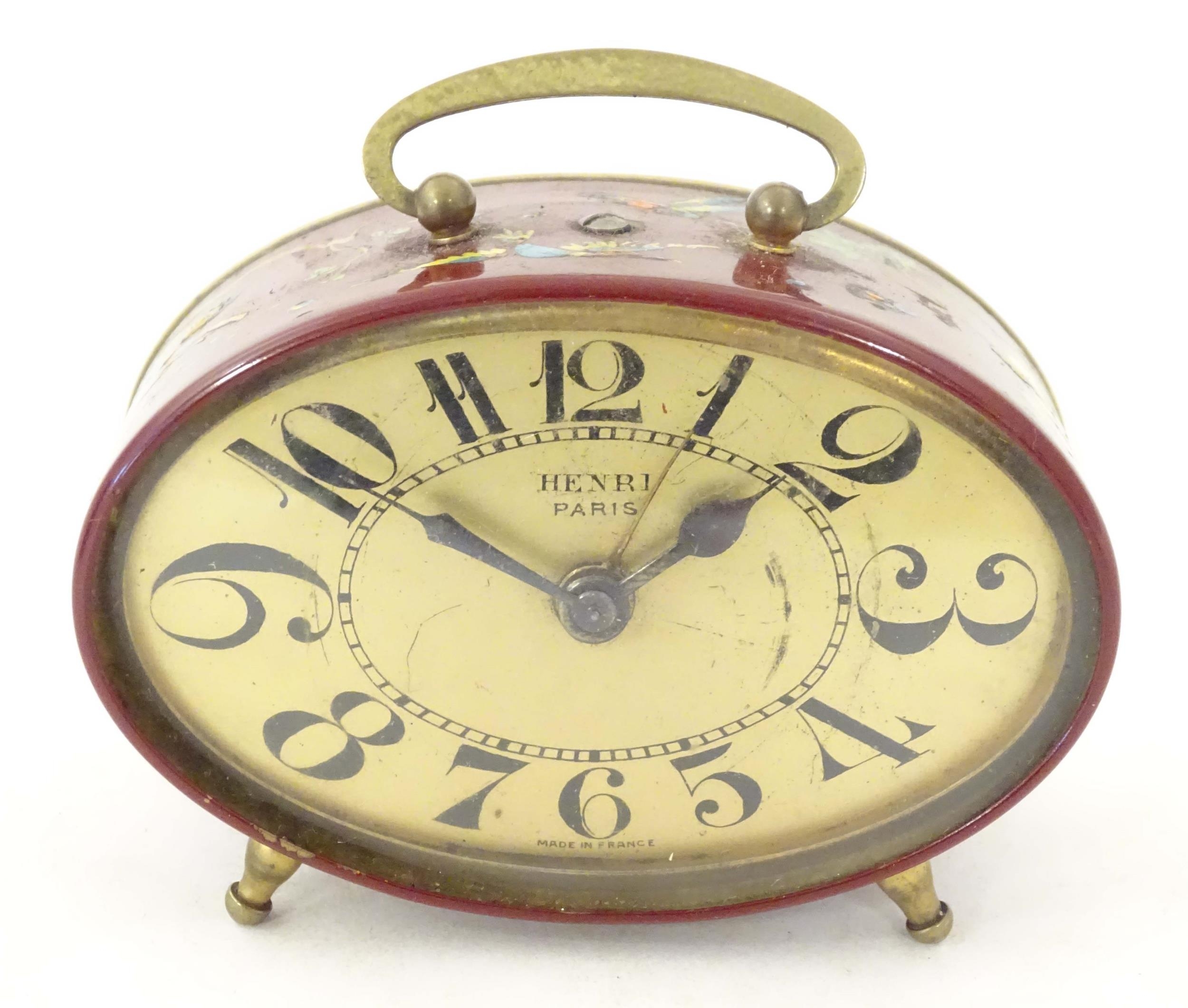 A 20thC French red lacquered travelling alarm clock with chinoiserie decoration. The dial signed - Image 4 of 12