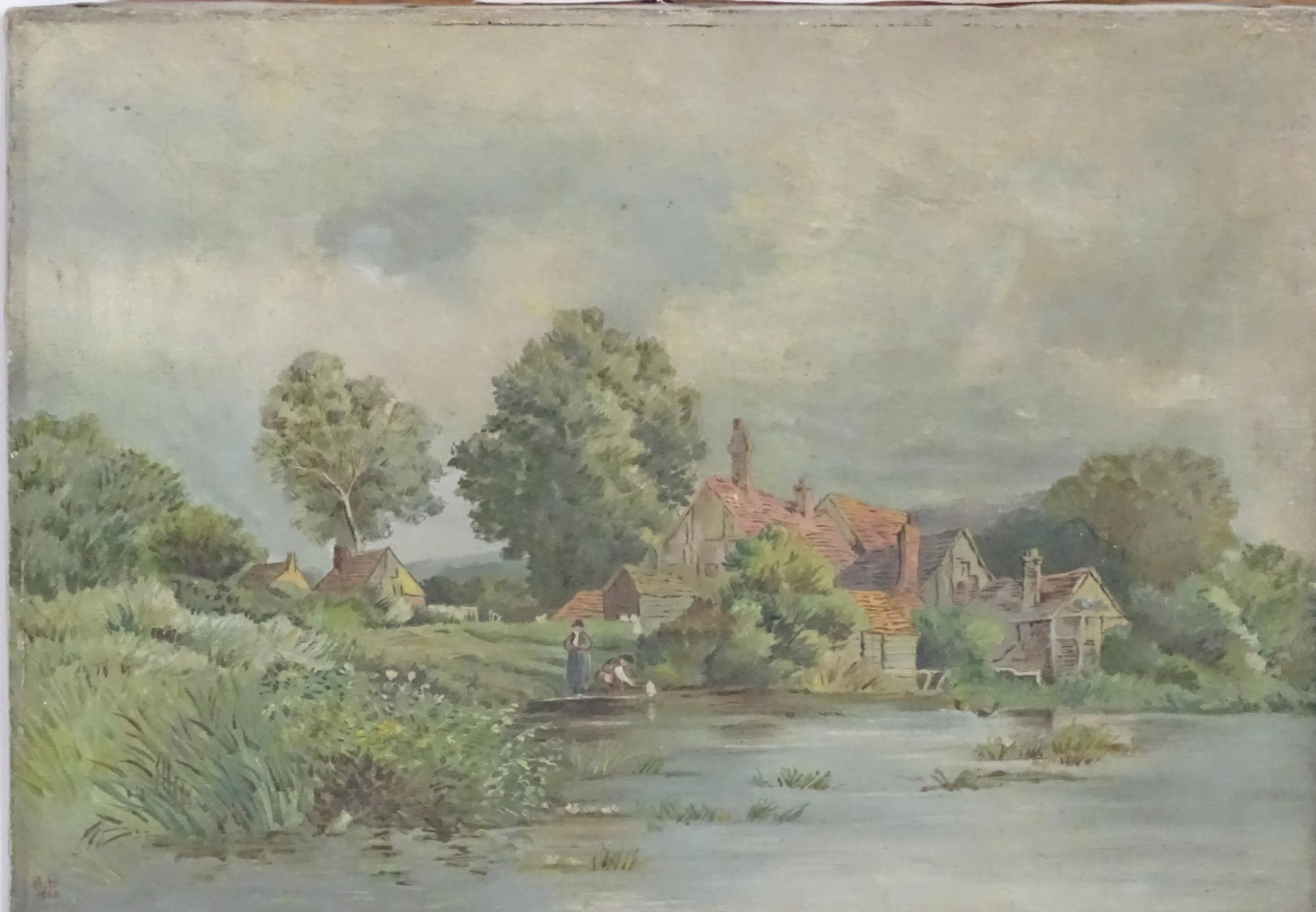 A. H., Early 20th century, Oil on canvas, A river scene with children playing with a toy boat with - Image 3 of 4