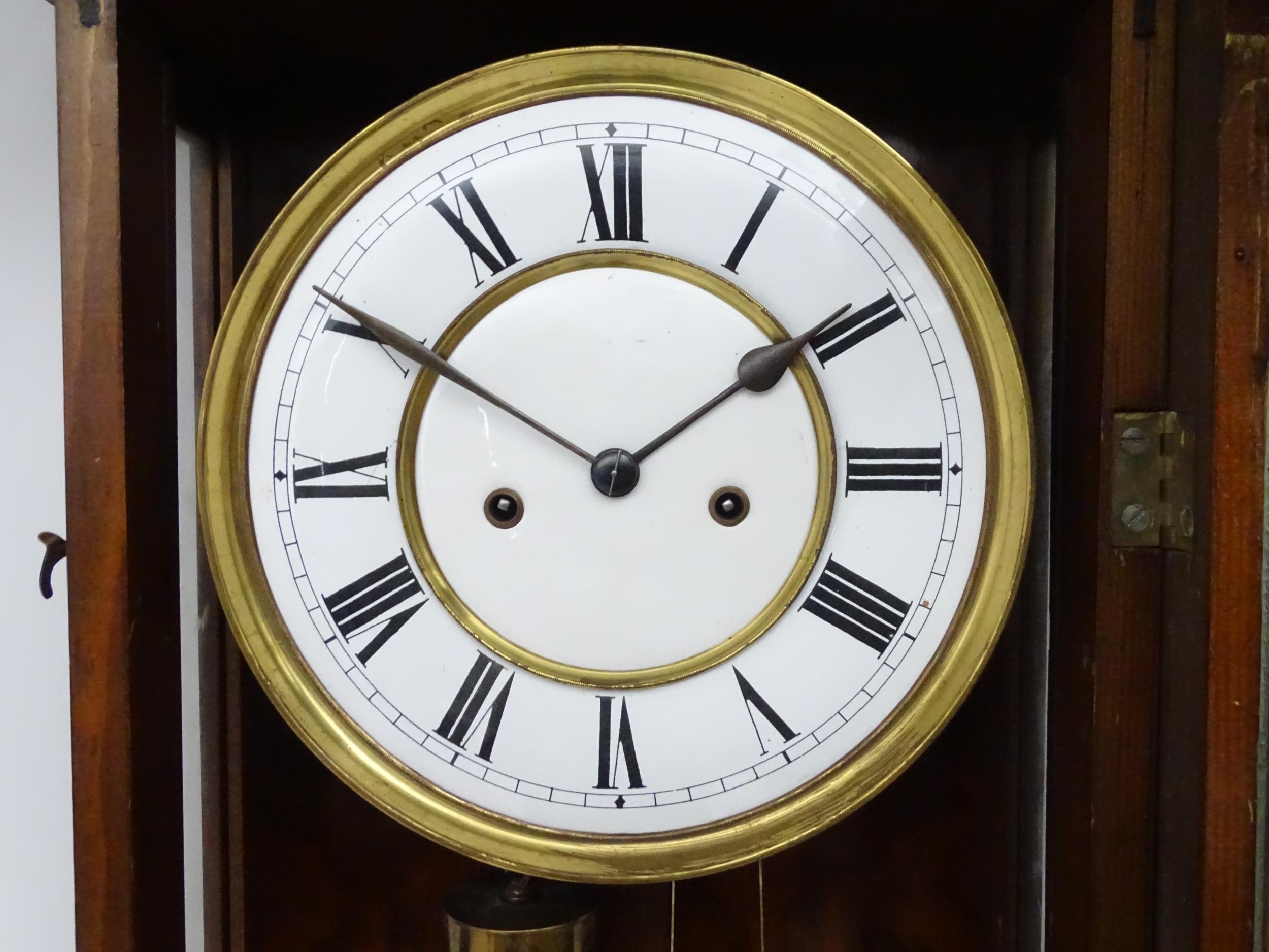 A Victorian walnut cased Vienna regulator wall clock with twin weight driven movement and white - Image 5 of 14