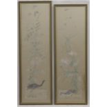 Two 20thC Oriental embroideries, one depicting a duck paddling, lotus plants and butterflies, the