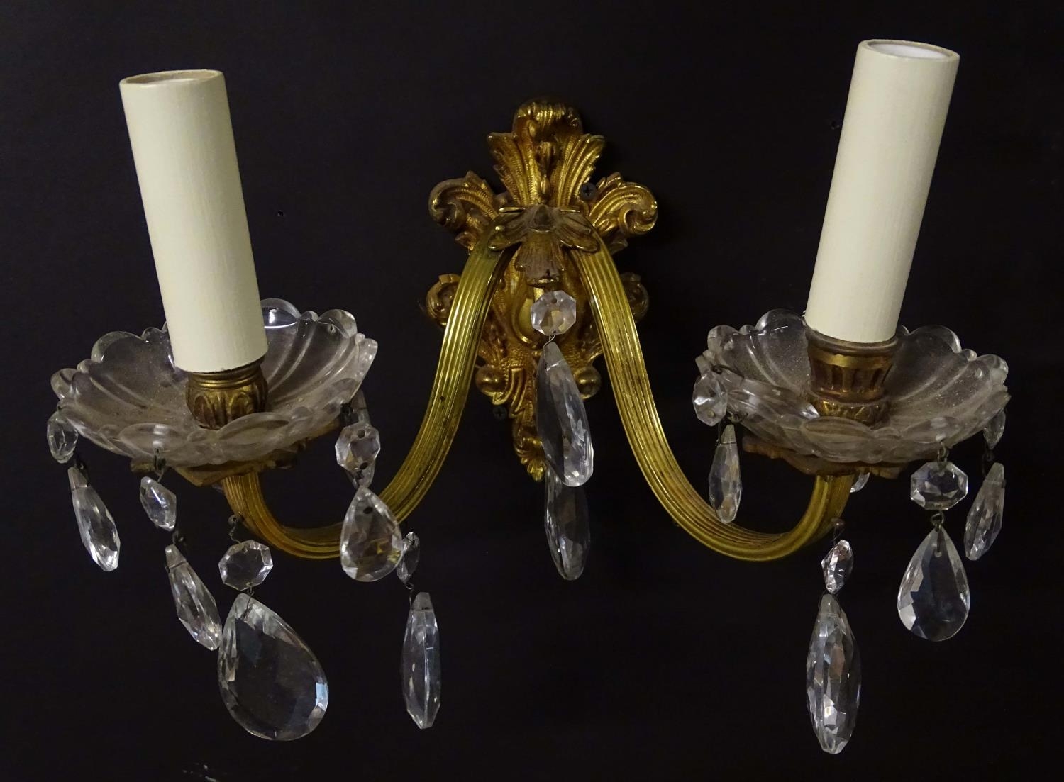 A pair of 20thC gilt twin branch wall lights, the gilt mounts supporting cut glass cups with - Image 8 of 15