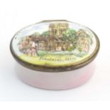 A 19thC Bilston / Battersea enamel pill box of oval form, the lid decorated with a hand painted view