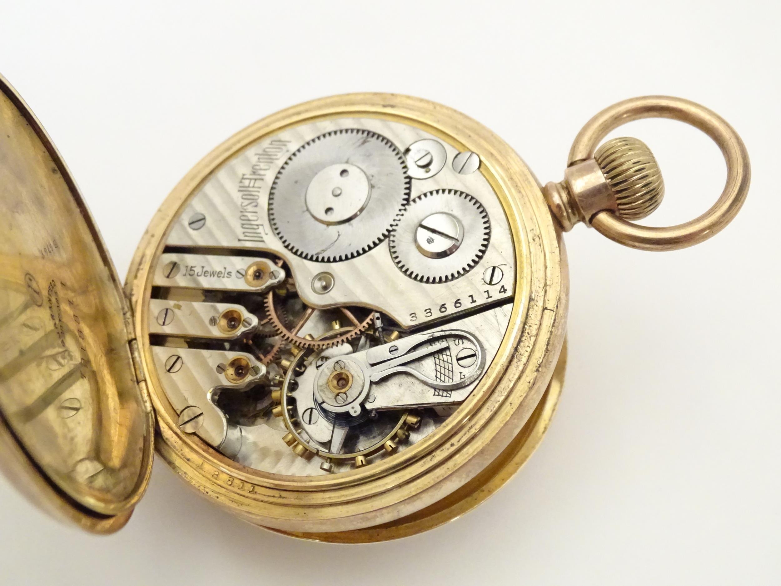 An Ingersol - Trenton 15 jewel pocket watch in a gilt metal case, the enamel dial signed Ingersol- - Image 7 of 11