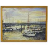W. J. Thomson, 20th century, Oil on board, A harbour scene with moored boats at sunset. Signed lower