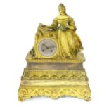 A 19thc French mantel clock with figural decoration. The silvered dial with moon hands, the 8 day