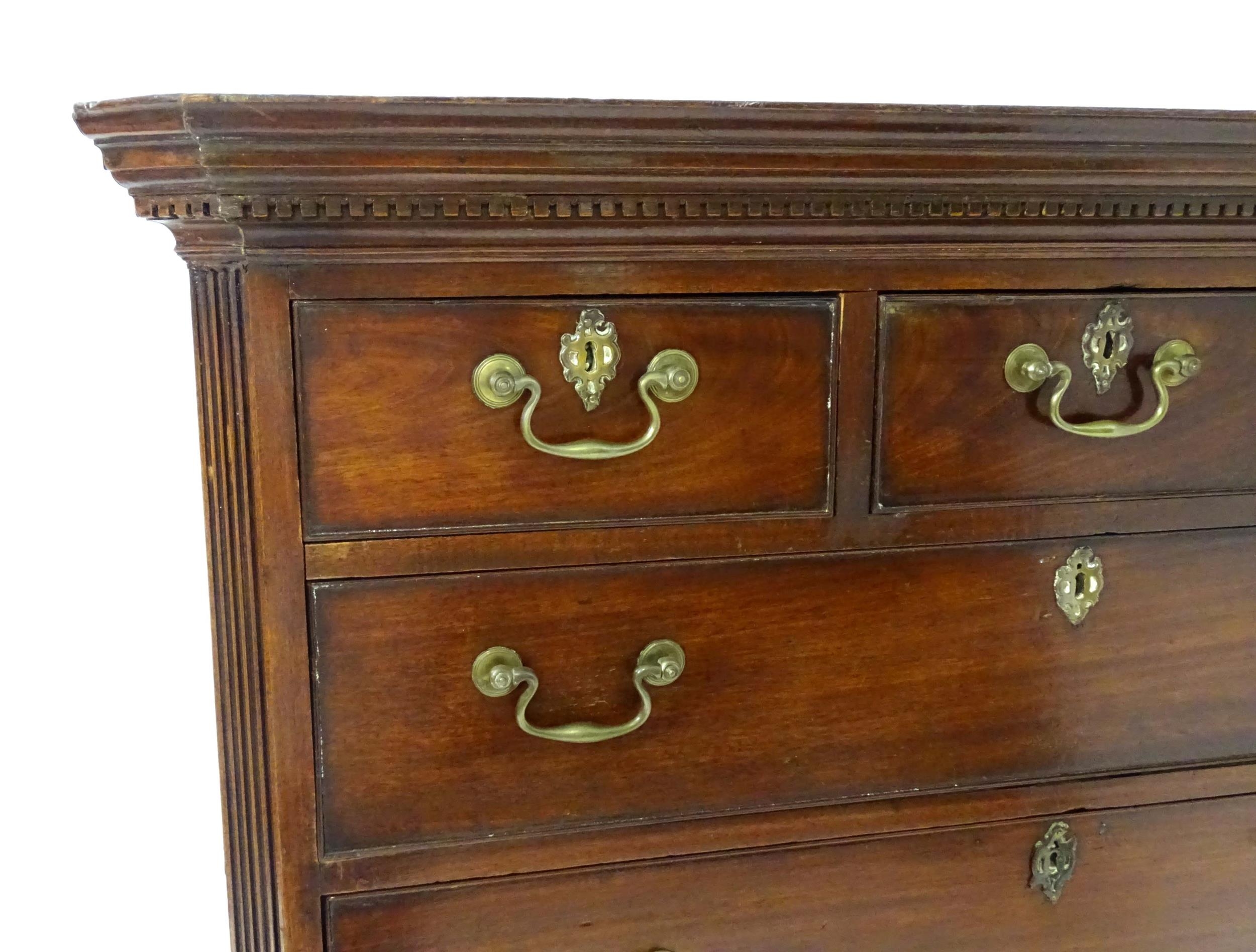A mid / late 18thC mahogany chest on chest with moulded cornice above a dentil carved frieze, having - Image 11 of 14