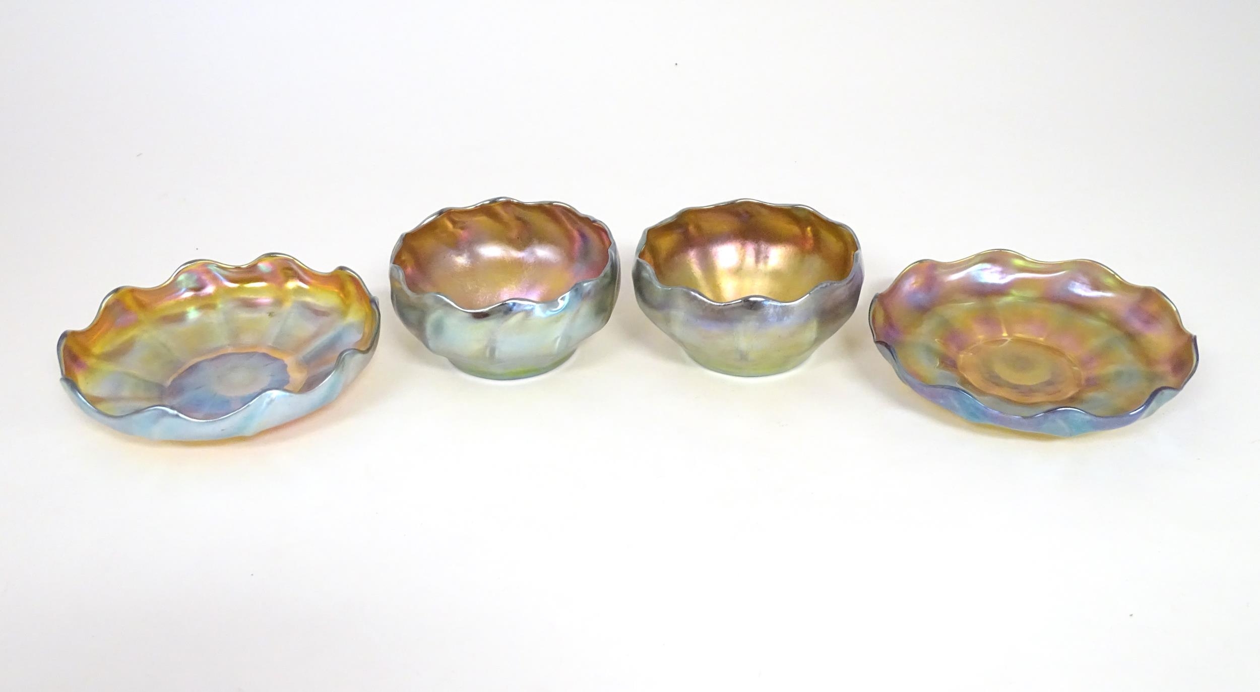 Tiffany Glass : Two Louis Comfort Tiffany Favrile glass finger bowls and stands. Signed under 'L.C.T - Image 3 of 9
