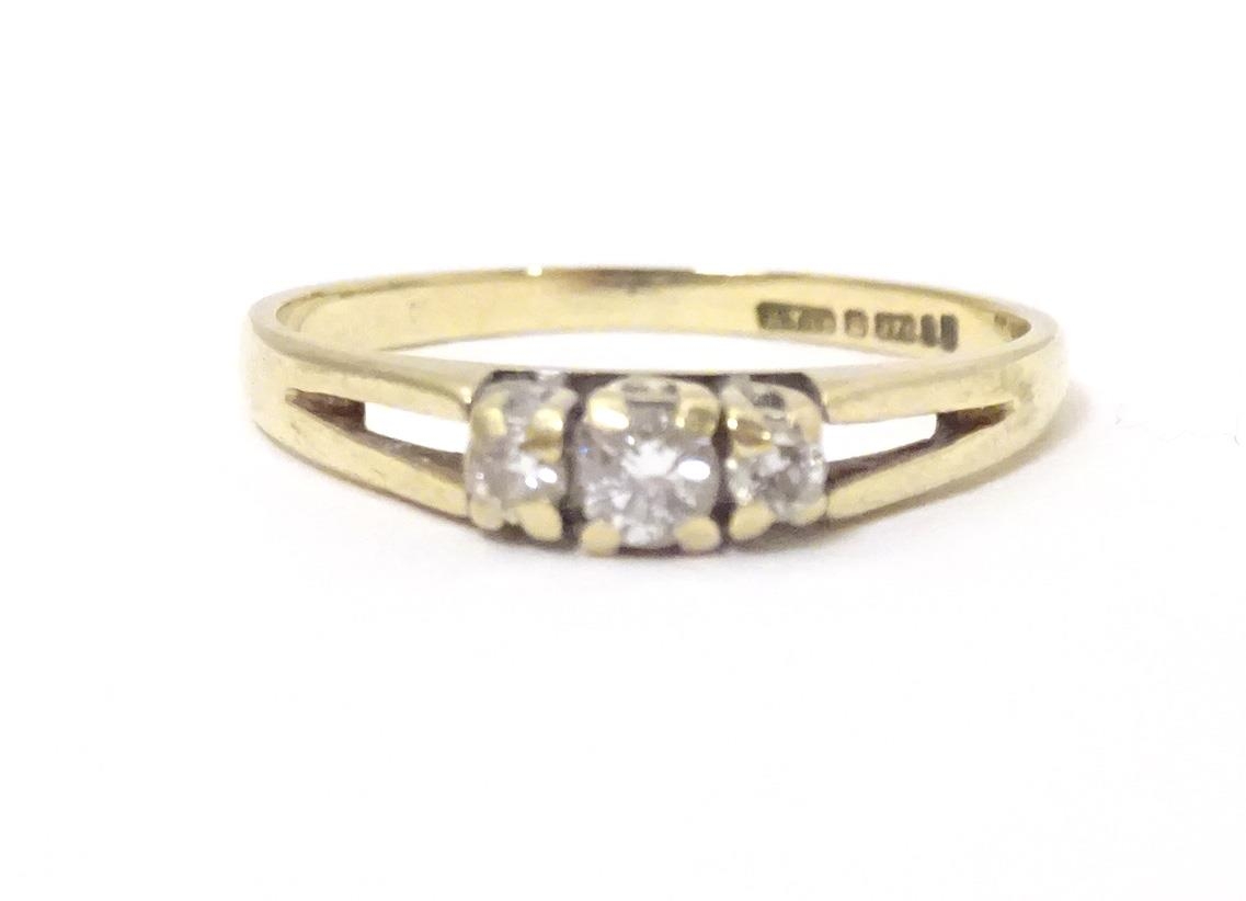 A 9ct gold ring set with trio of diamonds. Ring size approx N. Please Note - we do not make - Image 3 of 6