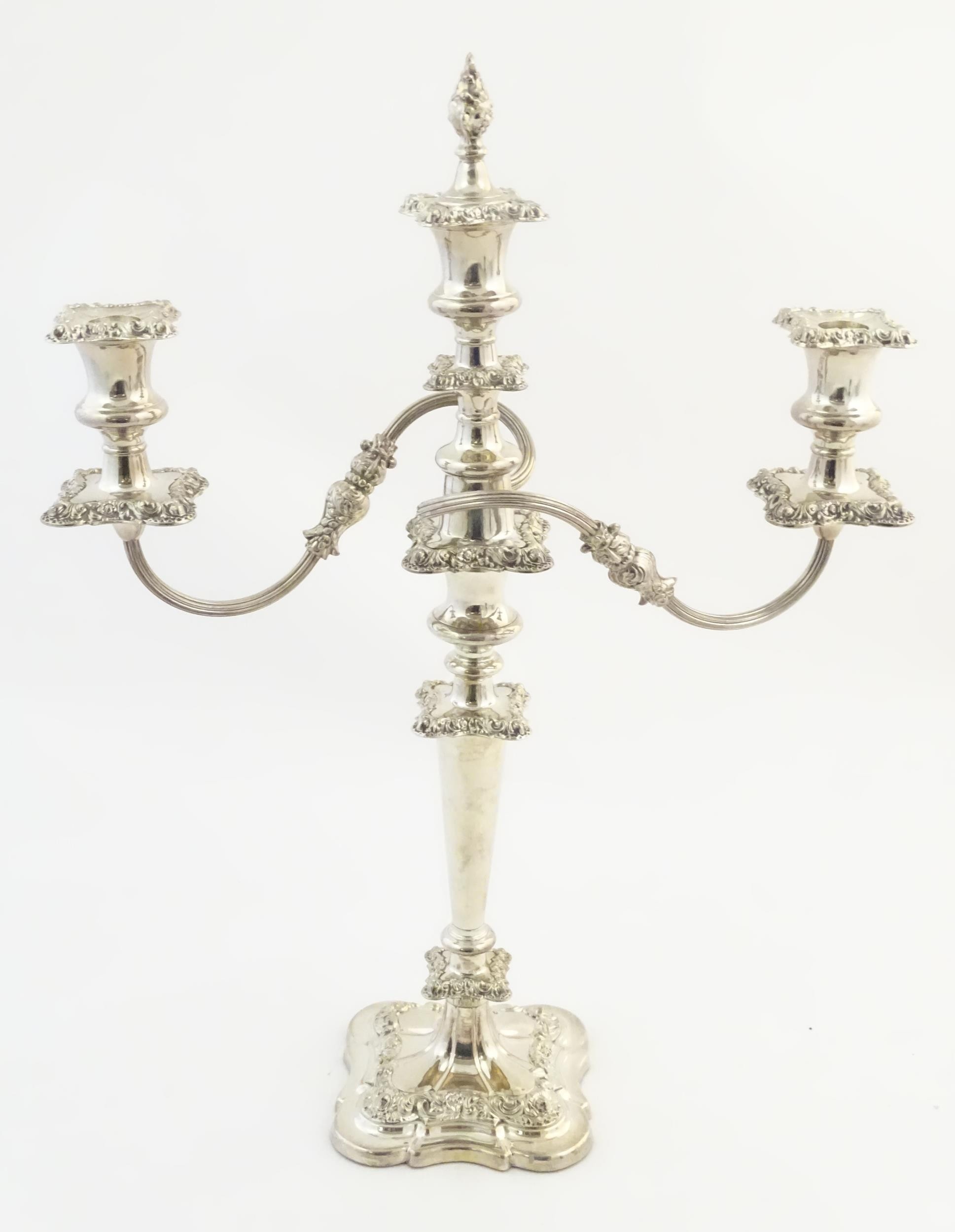 A silver plate table candelabra with two scrolling branches and acanthus scroll detail. Approx 21" - Image 6 of 8