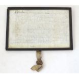 A 16th / 17thC double glazed hand written indenture with seal relating to Birmingham, Thomas