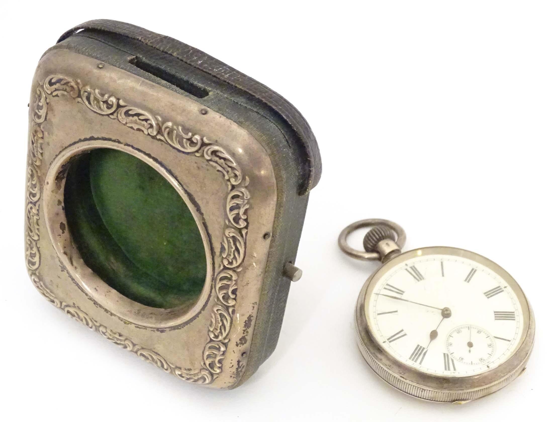 A pocket watch travelling case / night stand with easel back and silver surround, hallmarked - Image 3 of 13