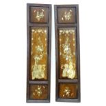 A pair of late 19th / early 20thC Chinese hardwood panels with inlaid mother of pearl decoration