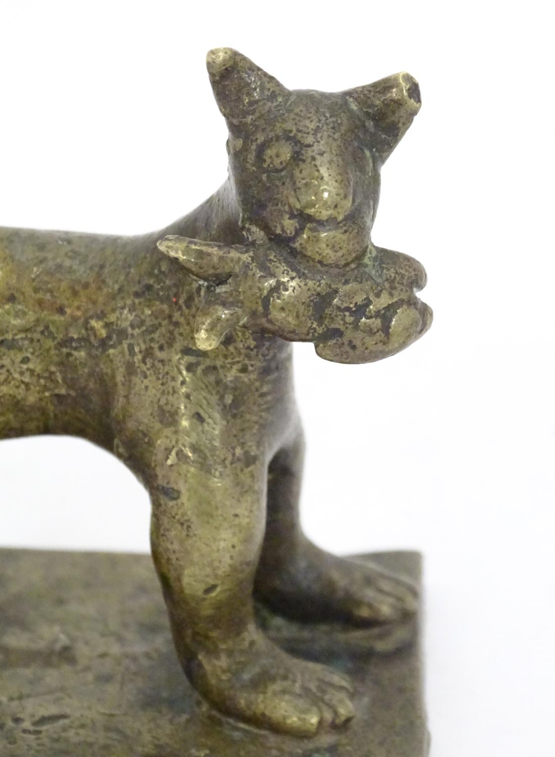 An 18th / 19th century naive bronze model of a standing cat with a fish, on a rectangular base. - Image 6 of 7