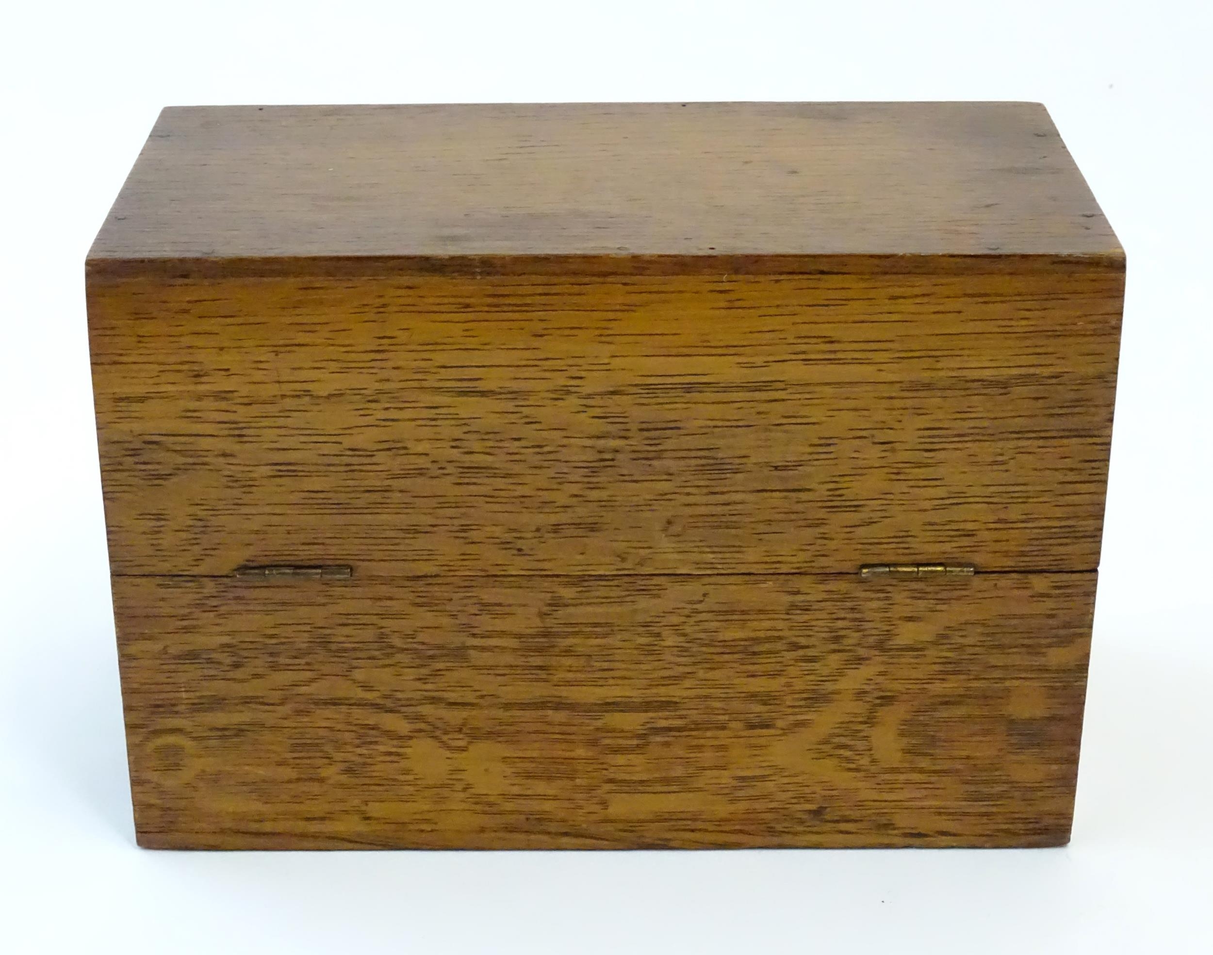 A 20thC oak correspondence / address box. Approx. 6" high x 8 3/4" wide x 4 1/2" deep Please - Image 9 of 16